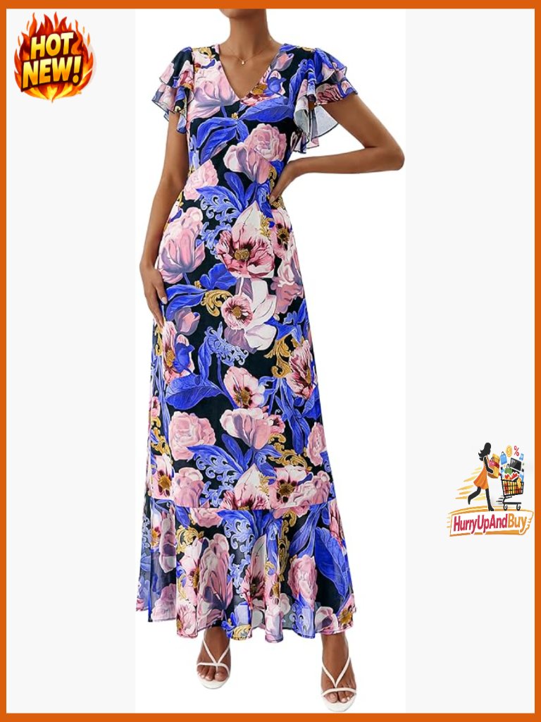 Boho Floral Maxi Dress Ruffle Sleeve V-Neck Flowy Beach Wedding Guest